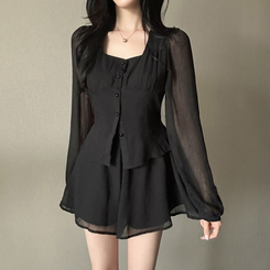 【SET】ボタンブラウス＋スカートパンツ BLACK