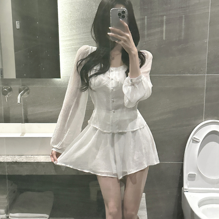 【SET】ボタンブラウス＋スカートパンツ WHITE