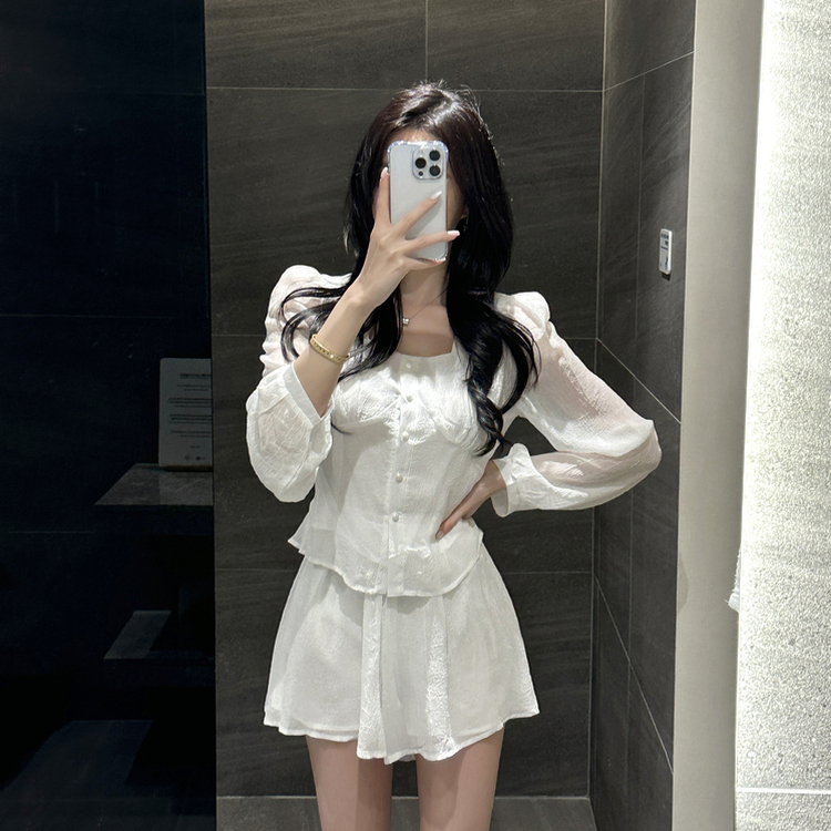 【SET】ボタンブラウス＋スカートパンツ WHITE