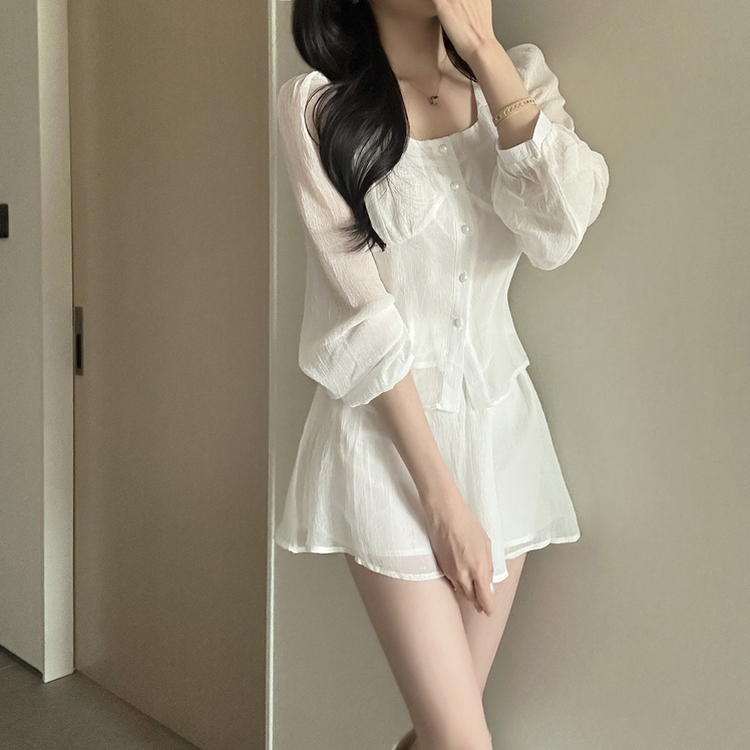 【SET】ボタンブラウス＋スカートパンツ WHITE