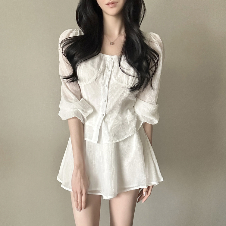 【SET】ボタンブラウス＋スカートパンツ WHITE