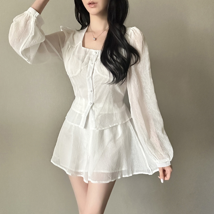 【SET】ボタンブラウス＋スカートパンツ WHITE