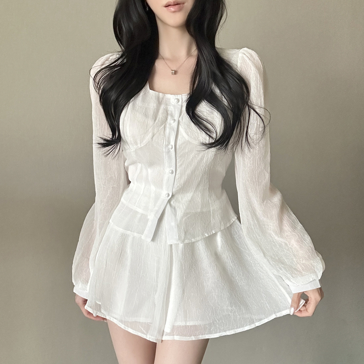 【SET】ボタンブラウス＋スカートパンツ WHITE