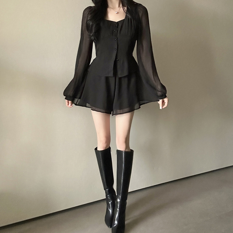 【SET】ボタンブラウス＋スカートパンツ BLACK