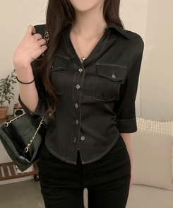スリムフィット7分袖シャツ BLACK DENIM