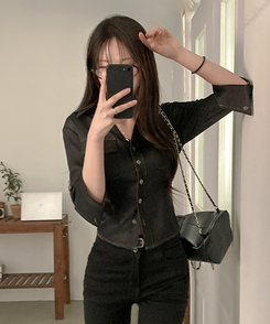 スリムフィット7分袖シャツ BLACK DENIM