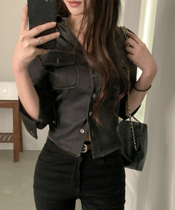 スリムフィット7分袖シャツ BLACK DENIM