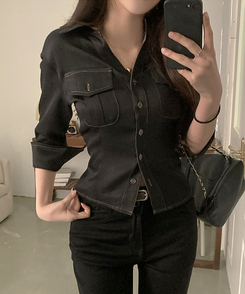 スリムフィット7分袖シャツ BLACK DENIM