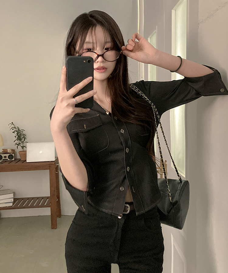 턴업 슬림핏 생지 커프스 7부 셔츠 흑청