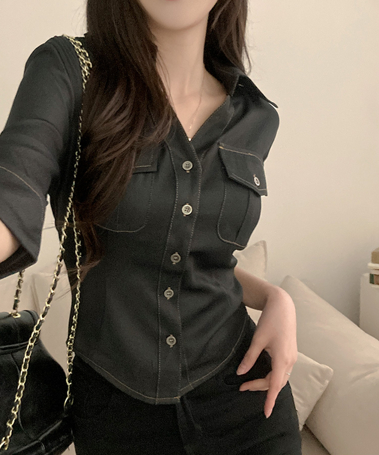 턴업 슬림핏 생지 커프스 7부 셔츠 흑청