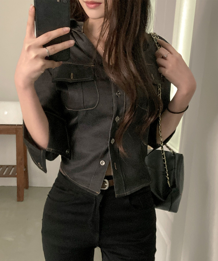 턴업 슬림핏 생지 커프스 7부 셔츠 흑청