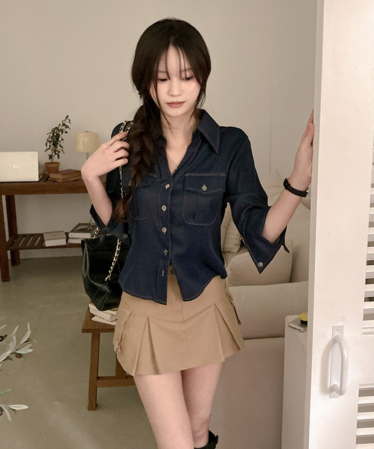 턴업 슬림핏 생지 커프스 7부 셔츠 진청