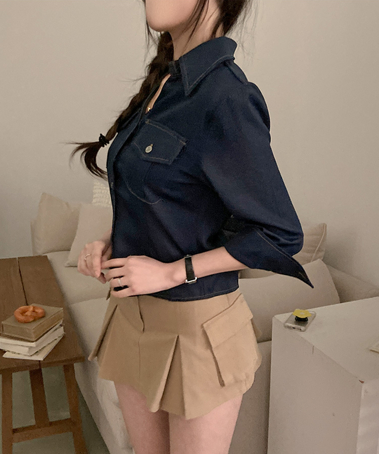 턴업 슬림핏 생지 커프스 7부 셔츠 진청