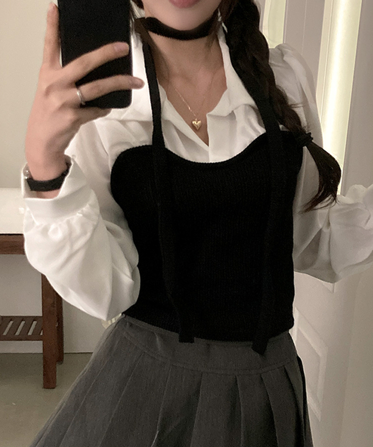 블러쉬 뷔스티에 레이어드 초커set 쉬폰 블라우스 화이트