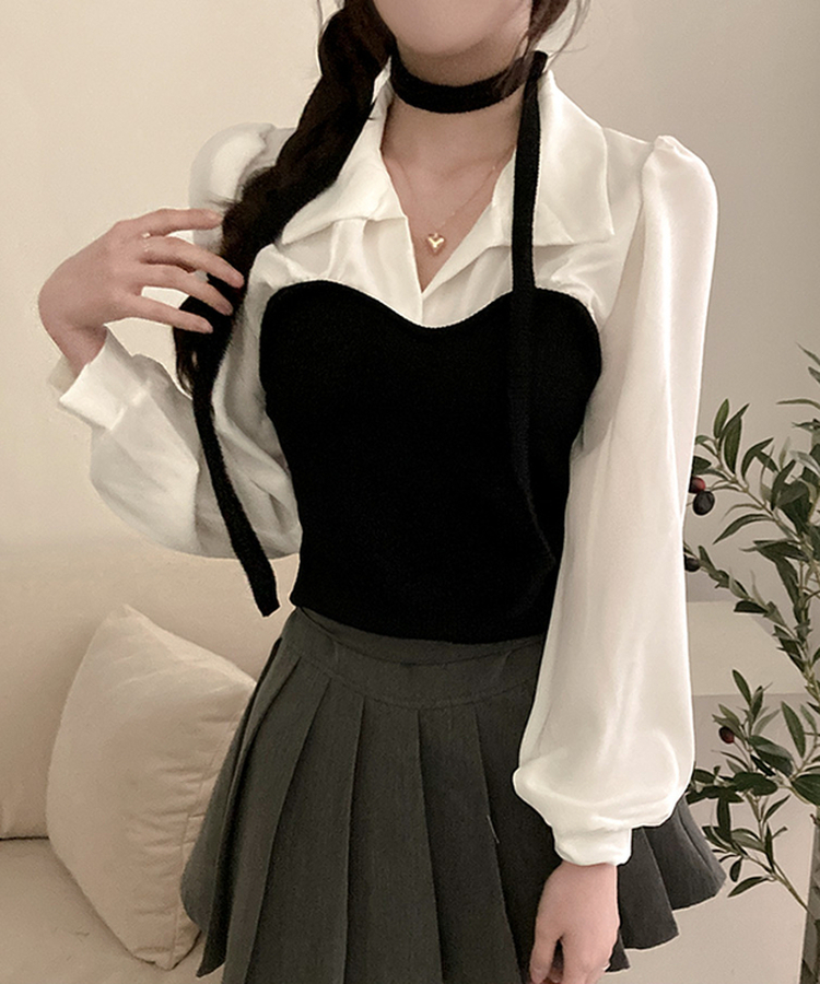 블러쉬 뷔스티에 레이어드 초커set 쉬폰 블라우스 화이트