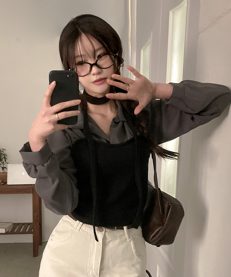 블러쉬 뷔스티에 레이어드 초커set 쉬폰 블라우스 차콜