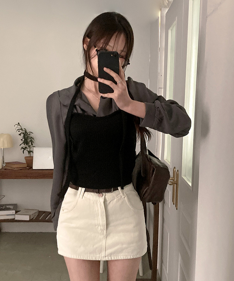 블러쉬 뷔스티에 레이어드 초커set 쉬폰 블라우스 차콜