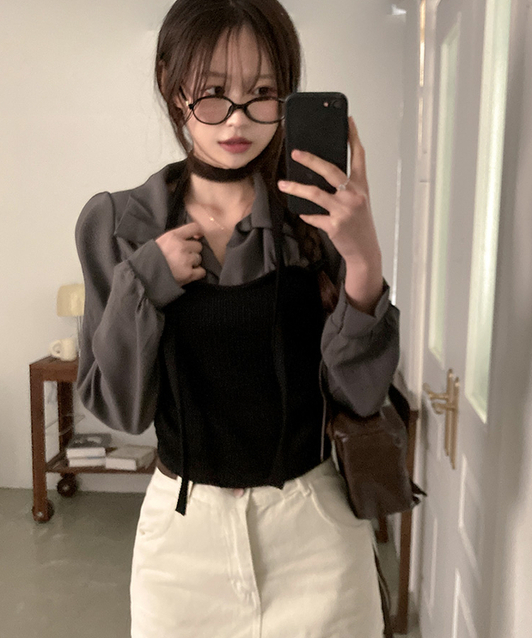 블러쉬 뷔스티에 레이어드 초커set 쉬폰 블라우스 차콜
