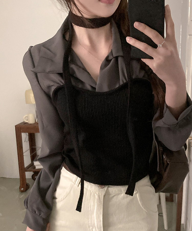 블러쉬 뷔스티에 레이어드 초커set 쉬폰 블라우스 차콜