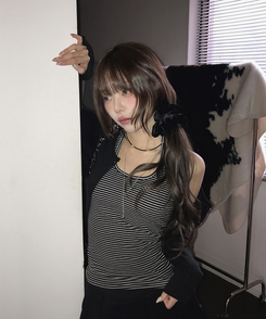 【カップ付き】ストライプスリムホルターキャミソール BLACK