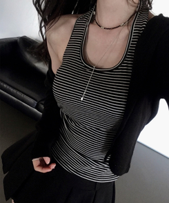 【カップ付き】ストライプスリムホルターキャミソール BLACK