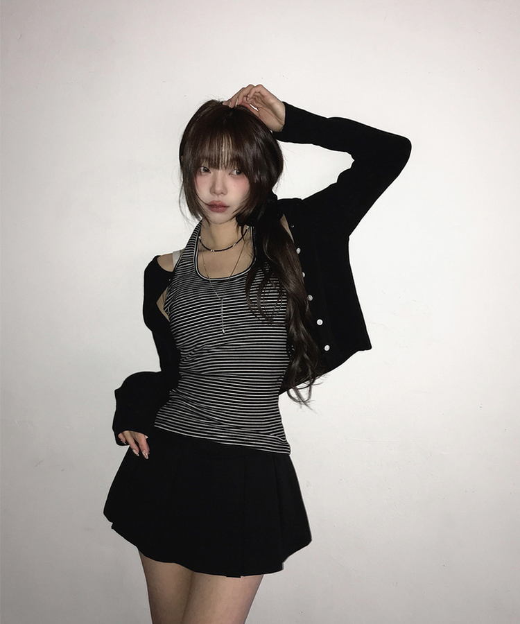 【カップ付き】ストライプスリムホルターキャミソール BLACK