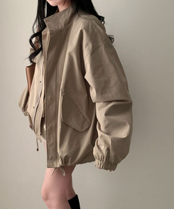 이브니 탄탄 오버핏 스트링 코튼 야상 남녀공용 점퍼 자켓 카키베이지