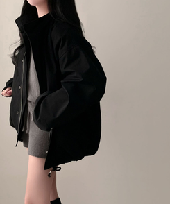 이브니 탄탄 오버핏 스트링 코튼 야상 남녀공용 점퍼 자켓 블랙