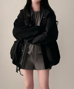 이브니 탄탄 오버핏 스트링 코튼 야상 남녀공용 점퍼 자켓 블랙