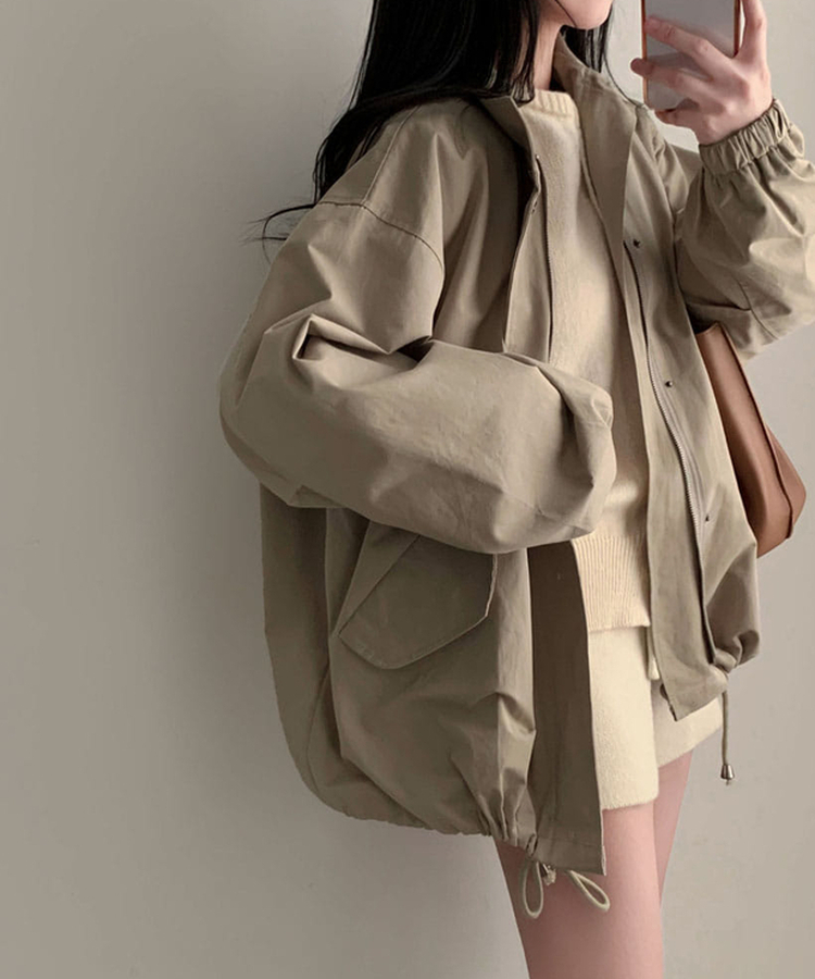 이브니 탄탄 오버핏 스트링 코튼 야상 남녀공용 점퍼 자켓 카키베이지