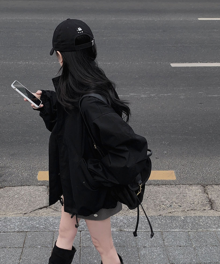 이브니 탄탄 오버핏 스트링 코튼 야상 남녀공용 점퍼 자켓 블랙