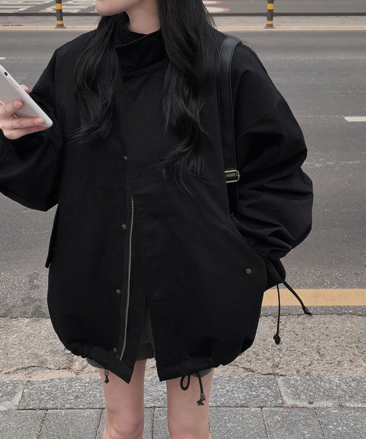 이브니 탄탄 오버핏 스트링 코튼 야상 남녀공용 점퍼 자켓 블랙