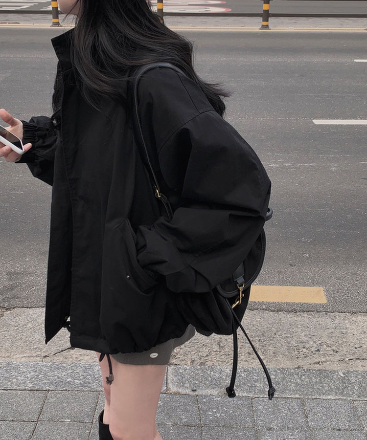 이브니 탄탄 오버핏 스트링 코튼 야상 남녀공용 점퍼 자켓 블랙