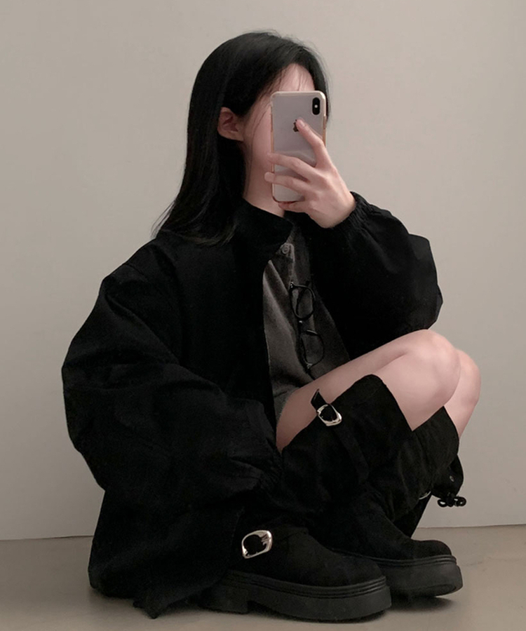 이브니 탄탄 오버핏 스트링 코튼 야상 남녀공용 점퍼 자켓 블랙