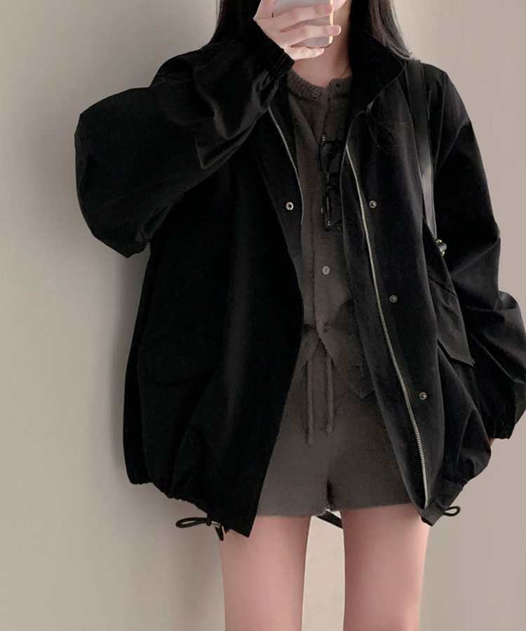 이브니 탄탄 오버핏 스트링 코튼 야상 남녀공용 점퍼 자켓 블랙