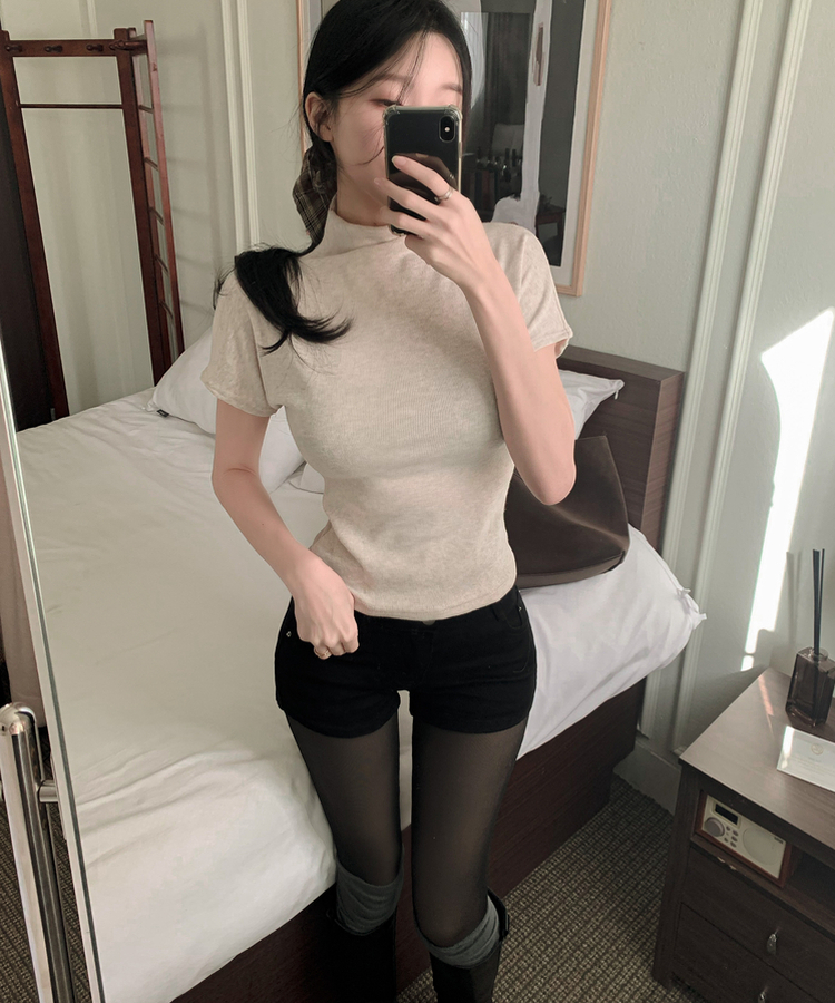 ハーフネックボカシスリム半袖ニット(5color) OATMEAL