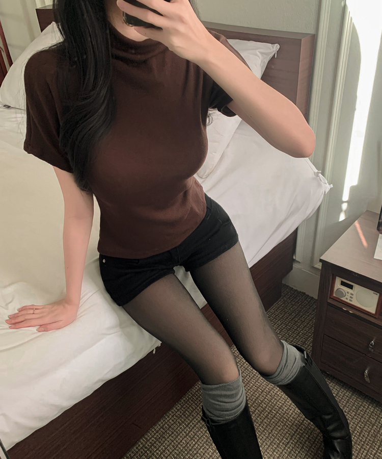 ハーフネックボカシスリム半袖ニット(5color) BROWN