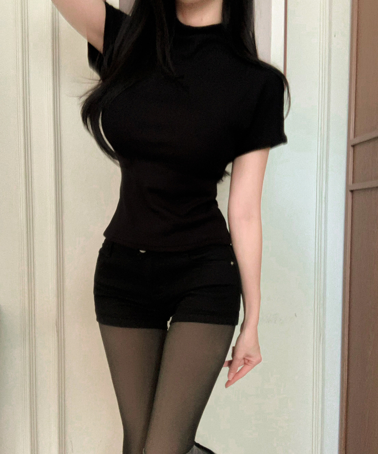 ハーフネックボカシスリム半袖ニット(5color) BLACK