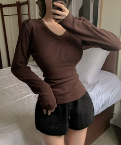 アルパカウールVネック長袖Tシャツ(6color) BROWN