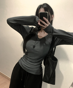 アルパカウールVネック長袖Tシャツ(6color) CHARCOAL