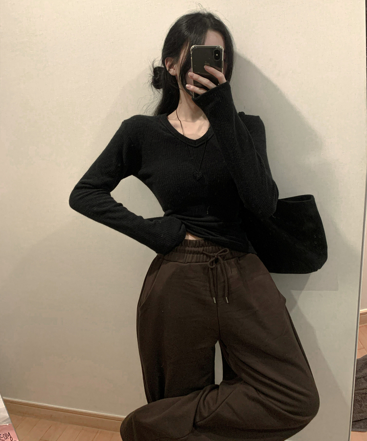 アルパカウールVネック長袖Tシャツ(6color) BLACK