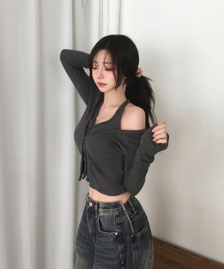 시쥬 홀터넥 나시 일체형 레이어드 슬림 긴팔 가디건 차콜