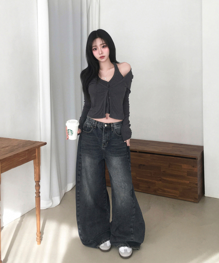 시쥬 홀터넥 나시 일체형 레이어드 슬림 긴팔 가디건 차콜