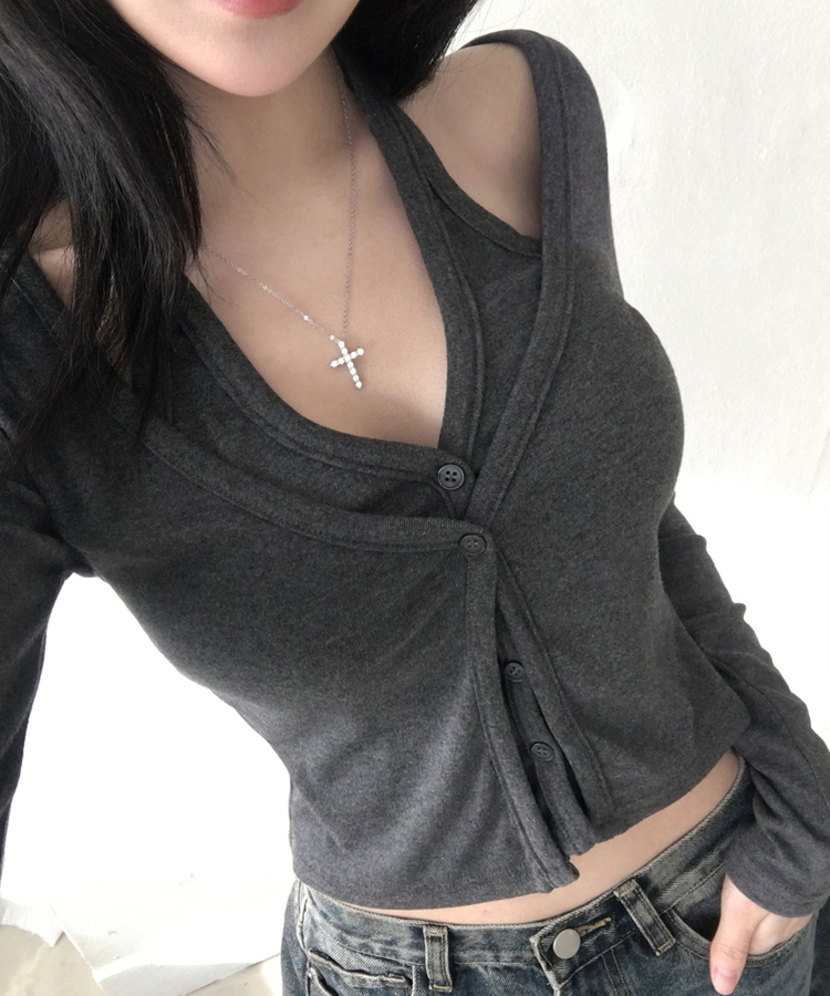 시쥬 홀터넥 나시 일체형 레이어드 슬림 긴팔 가디건 차콜