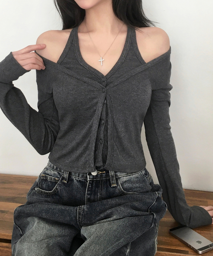 시쥬 홀터넥 나시 일체형 레이어드 슬림 긴팔 가디건 차콜