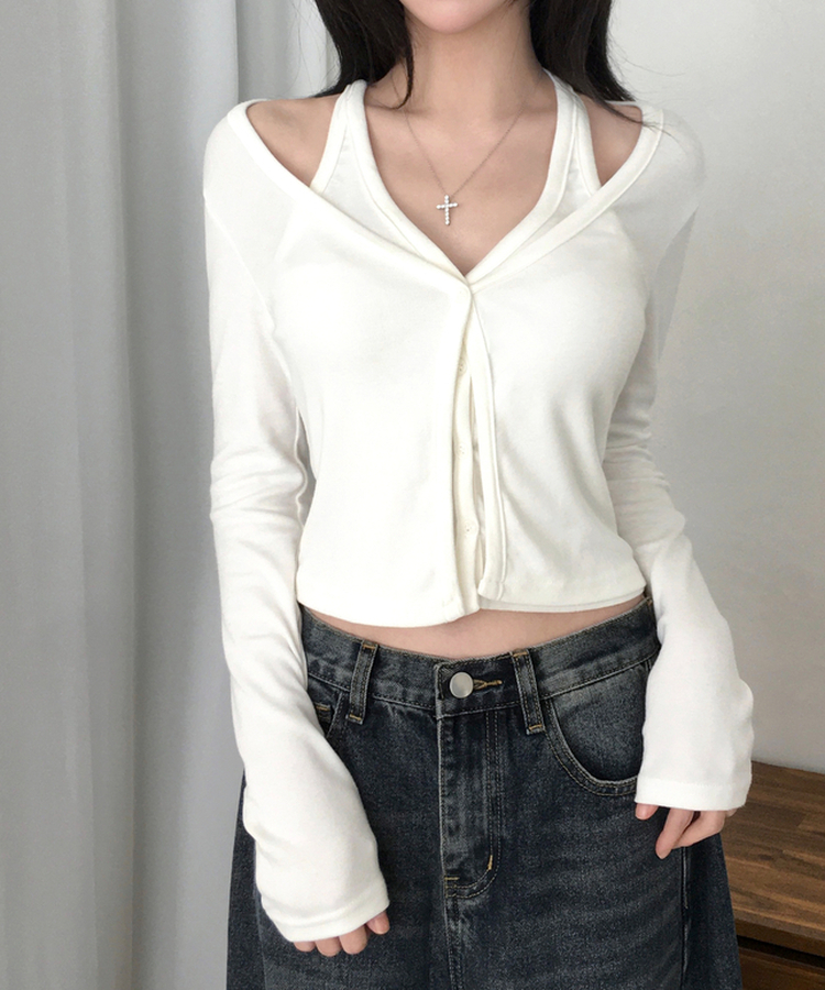 시쥬 홀터넥 나시 일체형 레이어드 슬림 긴팔 가디건 아이보리