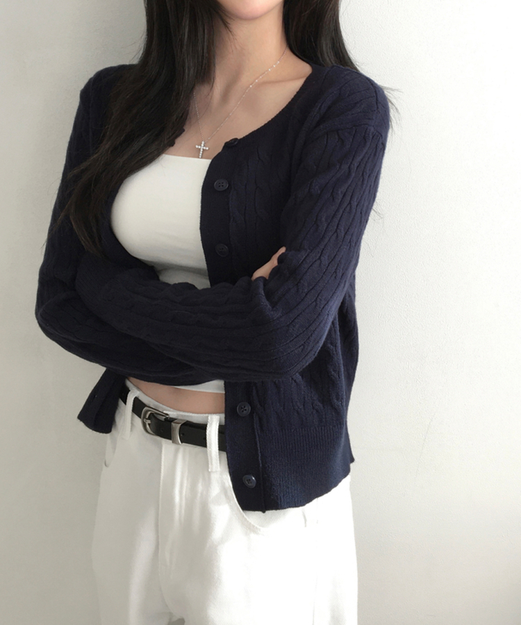 메빈 꽈배기 라운드 니트 긴팔 가디건 네이비