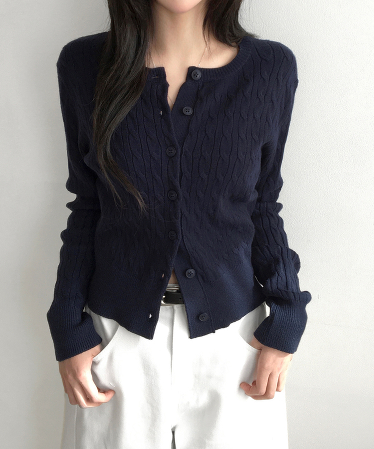 메빈 꽈배기 라운드 니트 긴팔 가디건 네이비