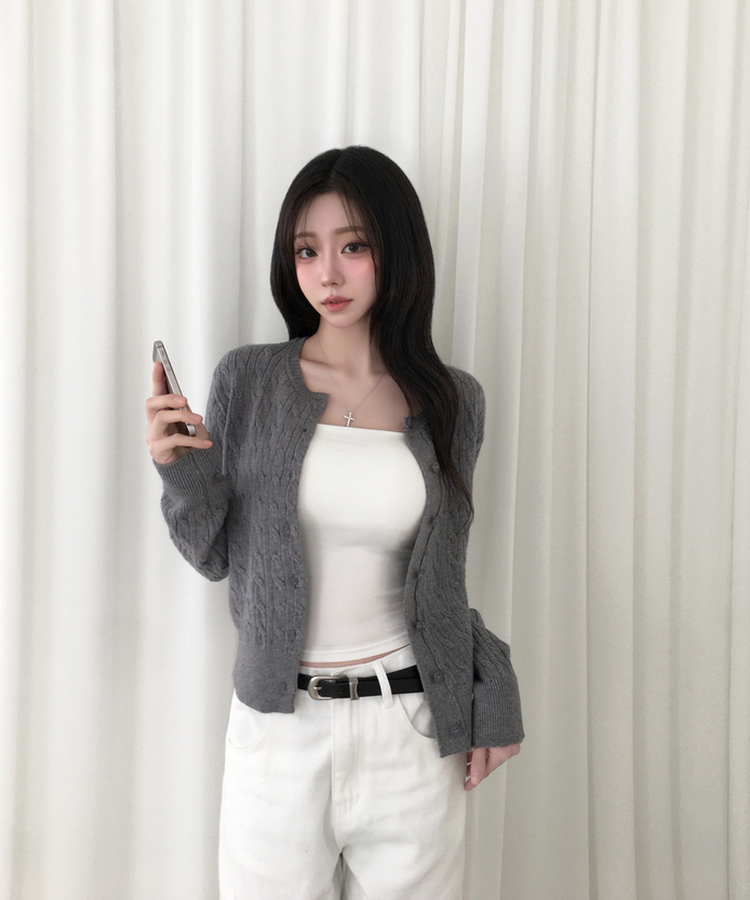 메빈 꽈배기 라운드 니트 긴팔 가디건 그레이