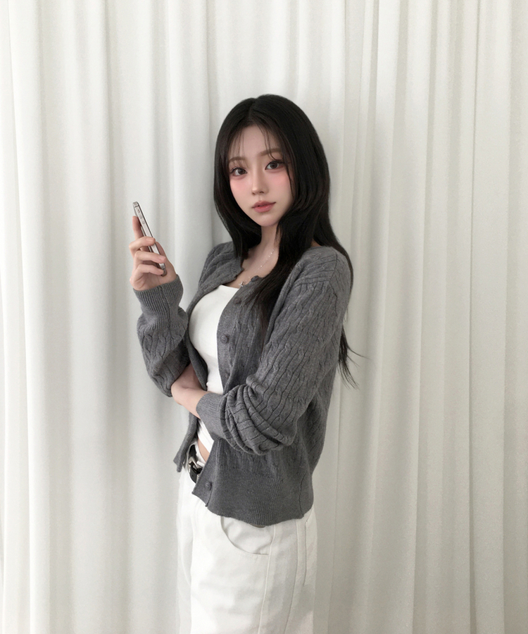 메빈 꽈배기 라운드 니트 긴팔 가디건 그레이